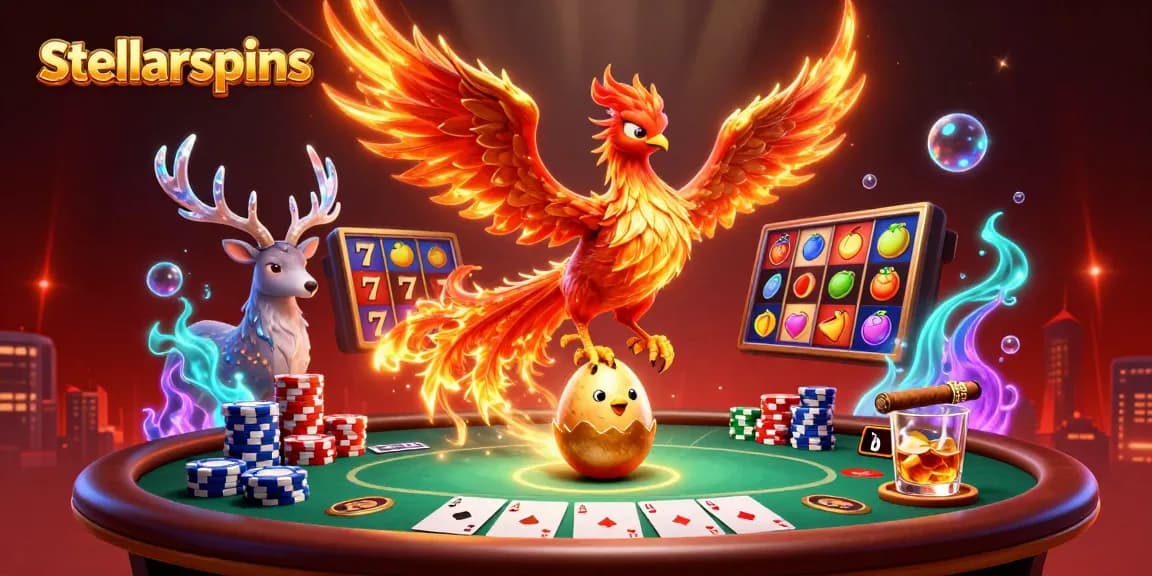 Experience stellarspins with vibrant 3D characters, slot symbols, and poker elements in an engaging digital casino.