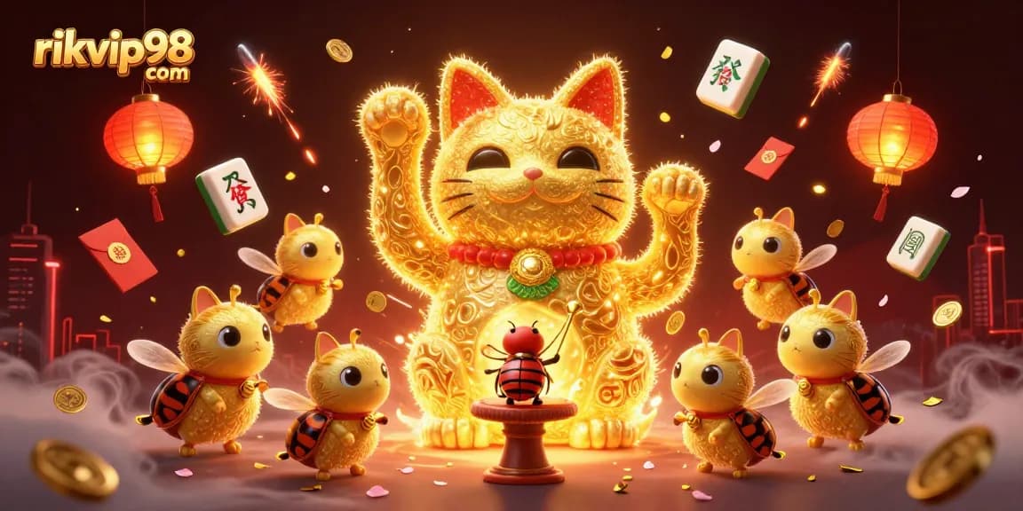 Join the excitement at rikvip98 com with vibrant 3D illustrations of a lucky cat and casino symbols.