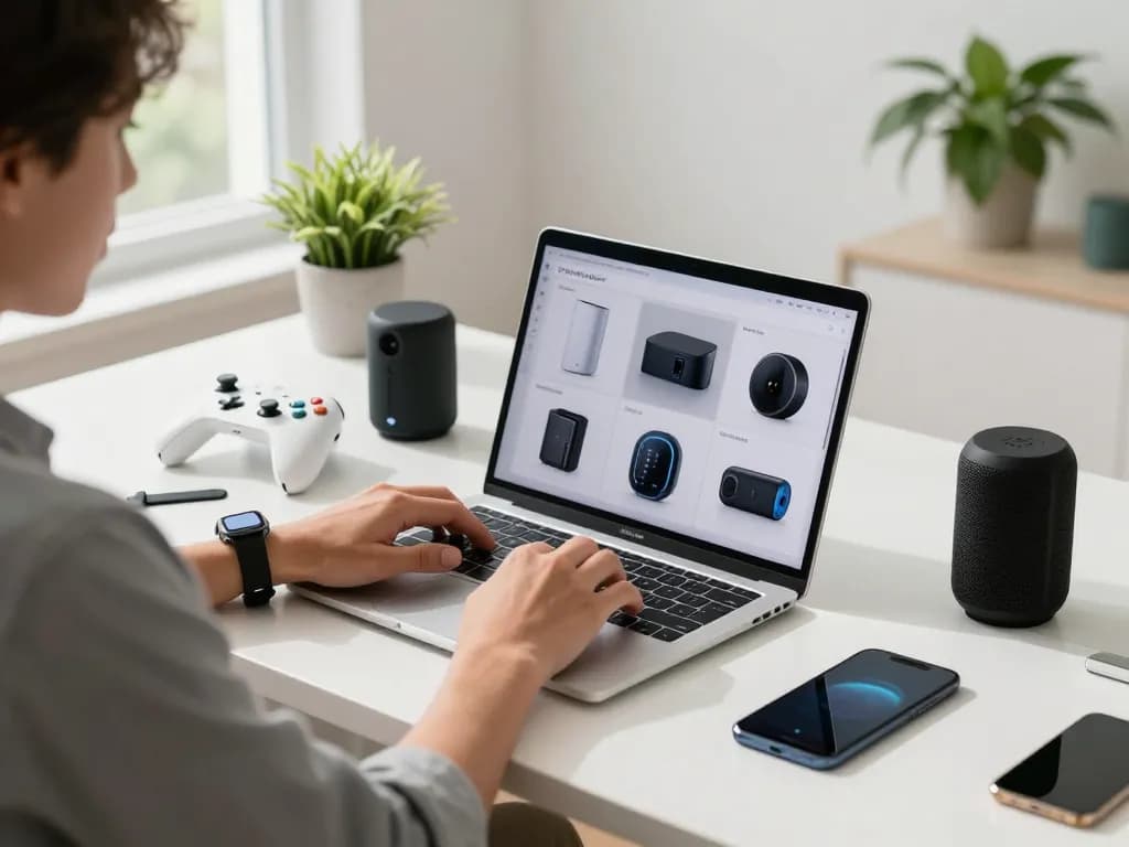 Top 10 tech gadgets 2083 in a modern workspace featuring Bluetooth devices and an innovative atmosphere.