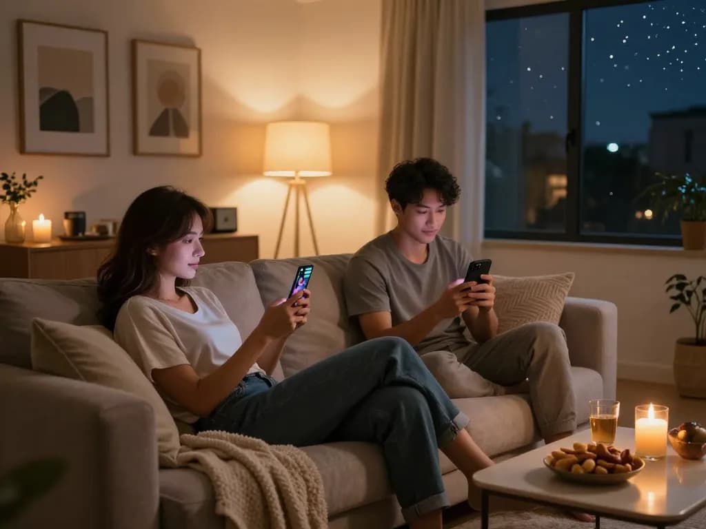 Engaging in ai sex chat with digital avatars in a cozy living room.