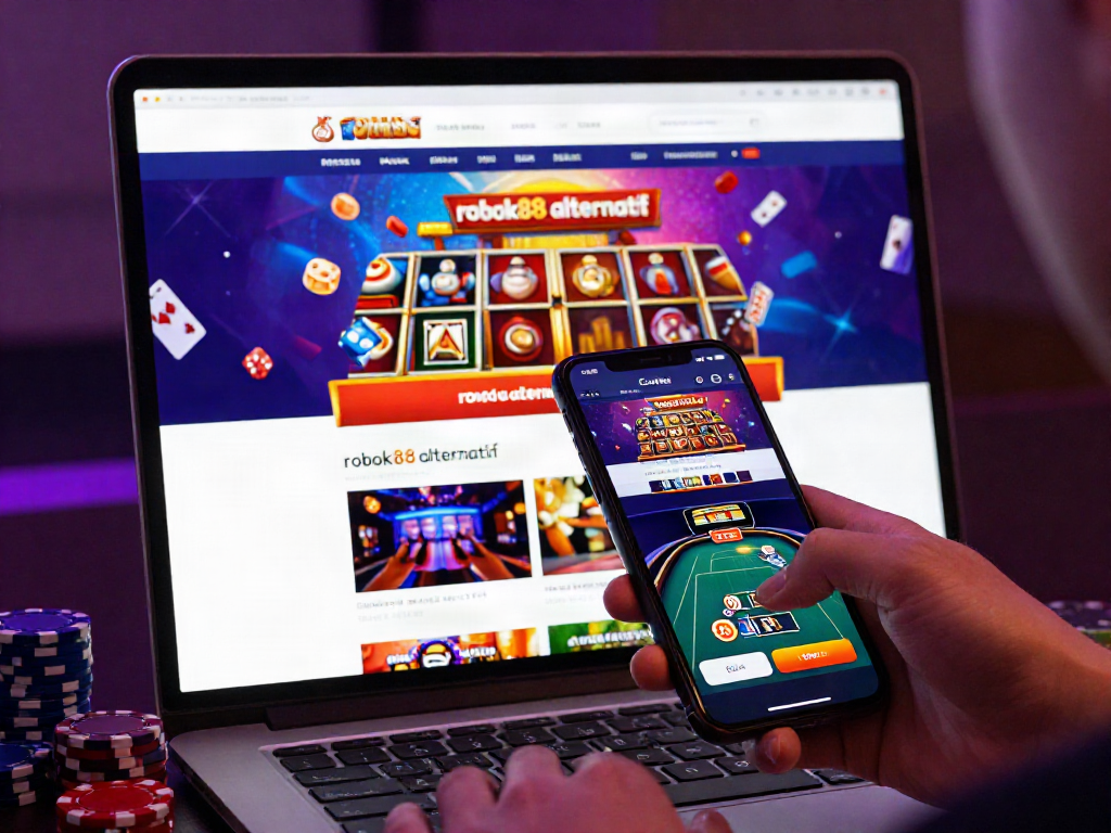 User engaging with rokok88 alternatif online gaming platform, vibrant casino visuals on display.