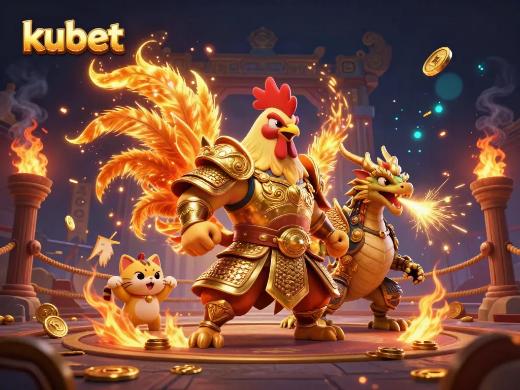 Kubet's dynamic visual showcasing a fighting rooster warrior in golden armor amidst a captivating casino backdrop.