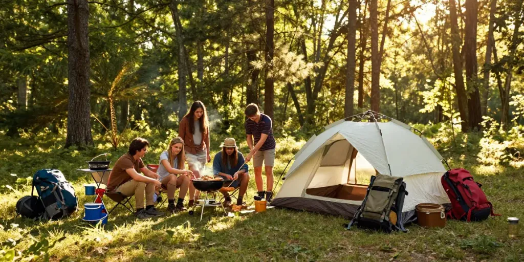 Friends camping outdoors with ROKOK88 gear in a scenic forest
