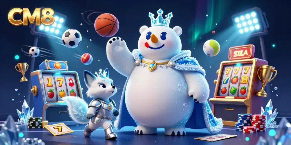 Experience the excitement of CM8 with animated slot reels and vibrant casino elements in this captivating illustration.