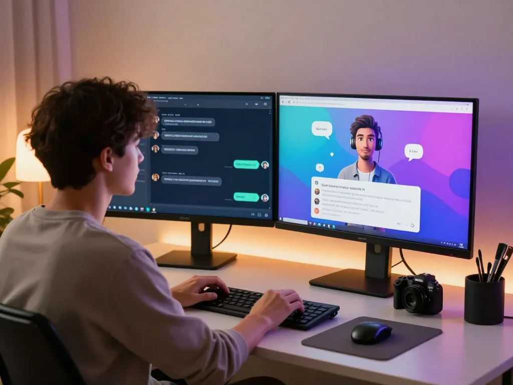 Interactive user engaging with ai chat nsfw on dual monitors in a modern workspace.