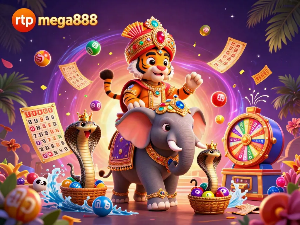 Play rtp mega888 with excitement in this vibrant carnival of casino elements and characters.