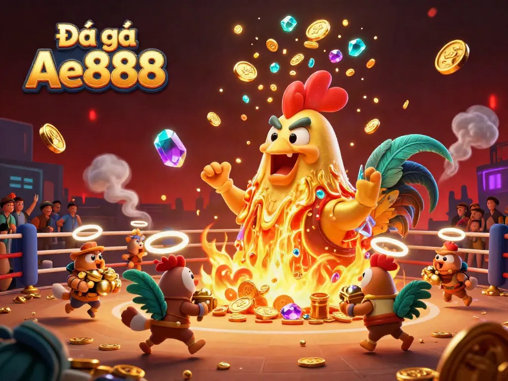 Engage in thrilling Đá gà Ae888 cockfighting action featuring a golden volcano erupting with treasure.