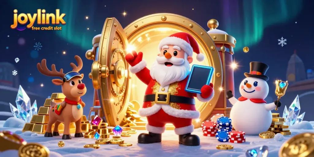 Win big with joylink free credit slot and festive characters in a lively casino scene.