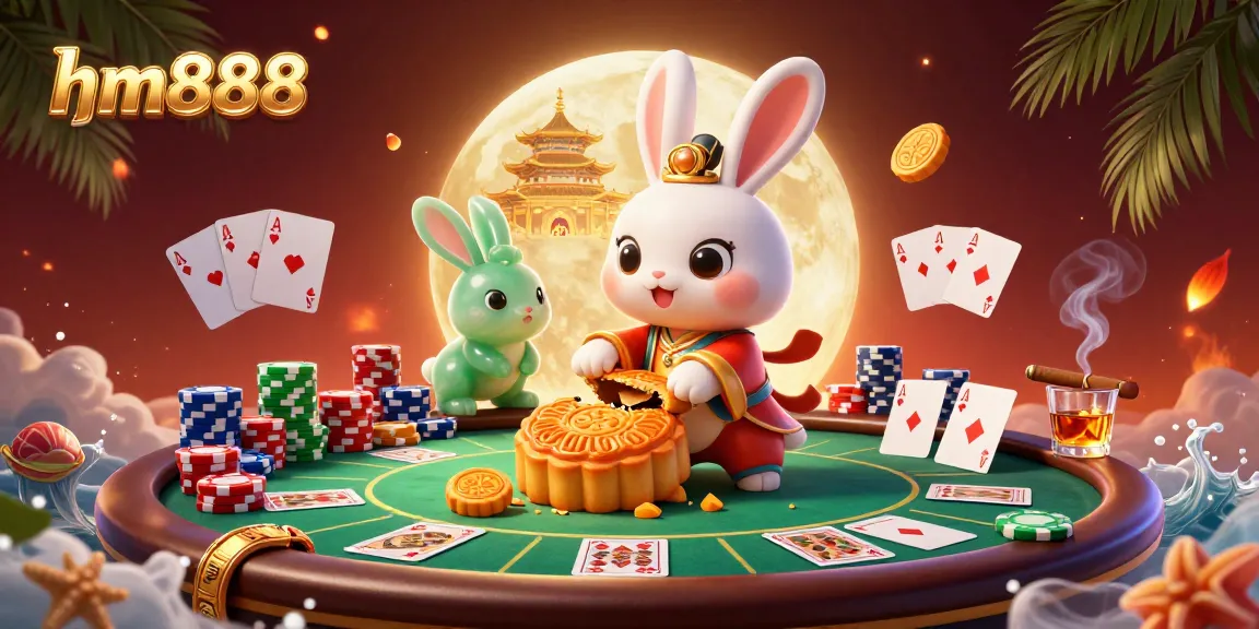 Experience thrilling poker action with hm888, showcasing festive characters and vibrant casino elements.