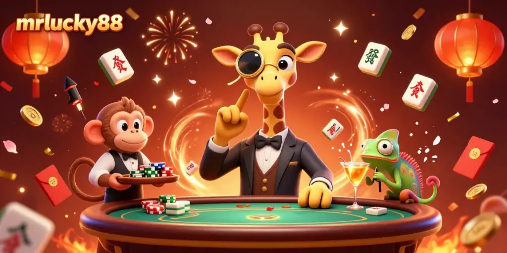 Engage with exciting MrLucky88 casino action featuring a high-roller giraffe at a poker table, surrounded by festive elements.