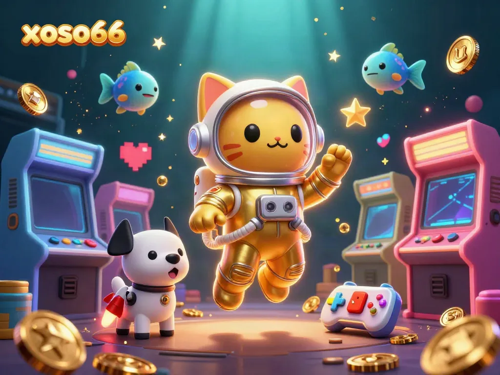 Experience xoso66 with a playful astronaut cat and robot dog in a vibrant casino-themed galaxy.