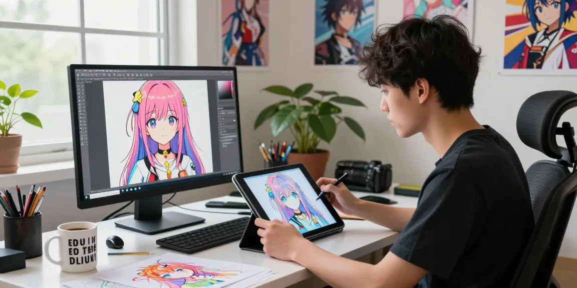 Creating AI ecchi character designs in a vibrant artist studio.