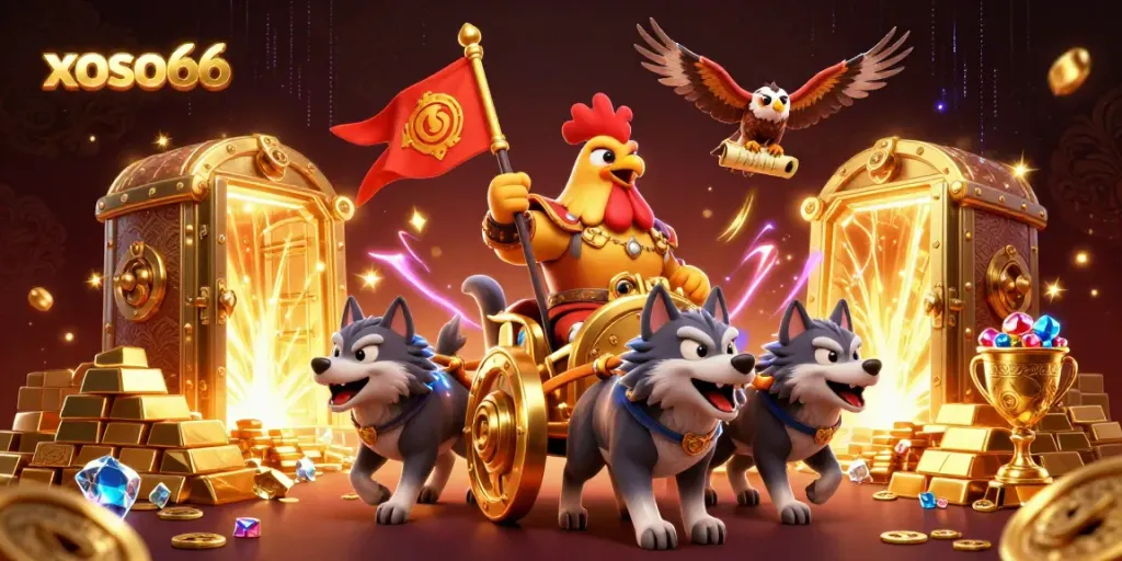 Experience excitement with xoso66, featuring a rooster warlord and treasure in a vibrant 3D scene.