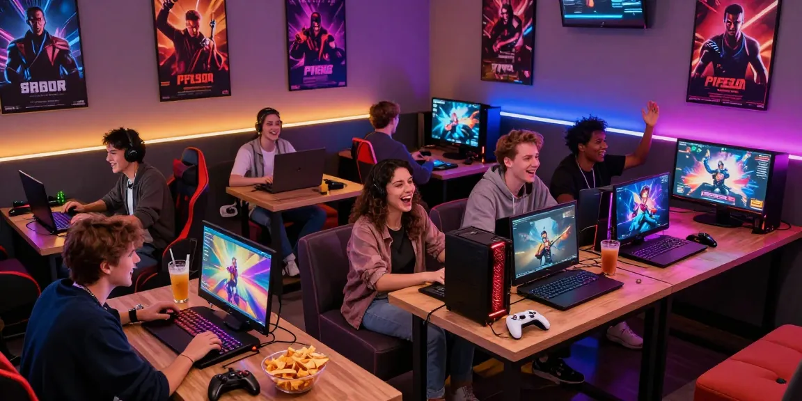 Group of friends enjoying gay porn games in a vibrant gaming lounge with colorful lighting and snacks.