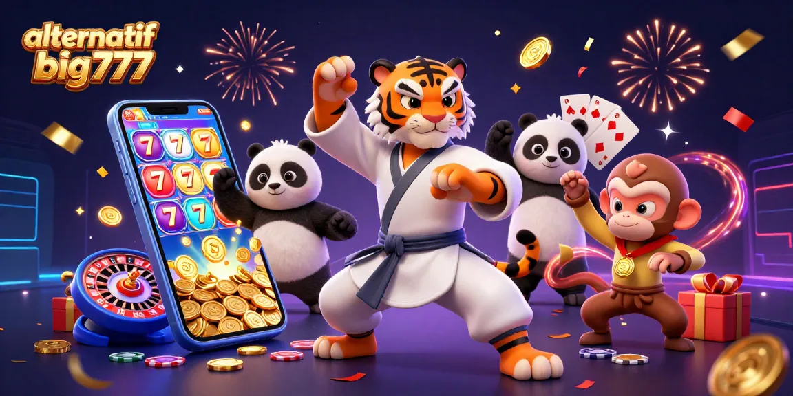 Play thrilling games at alternatif big777, experiencing a dynamic casino atmosphere with vibrant slot elements.