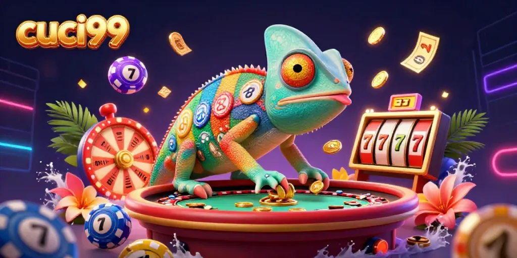 Experience the thrilling world of cuci99 with a vibrant casino scene featuring dynamic game elements and a colorful chameleon owner.