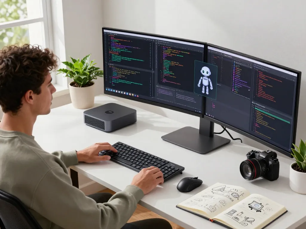 Developer working with Clawdbot on a mac mini in a modern workspace.