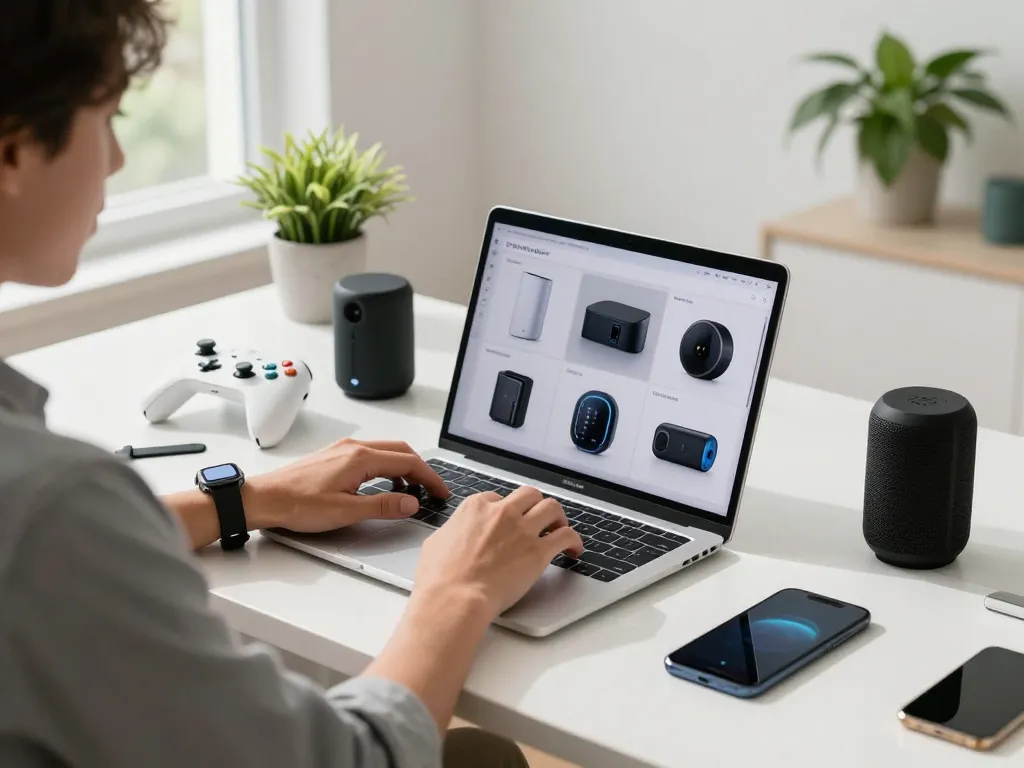Top 10 tech gadgets 2083 in a modern workspace featuring Bluetooth devices and an innovative atmosphere.