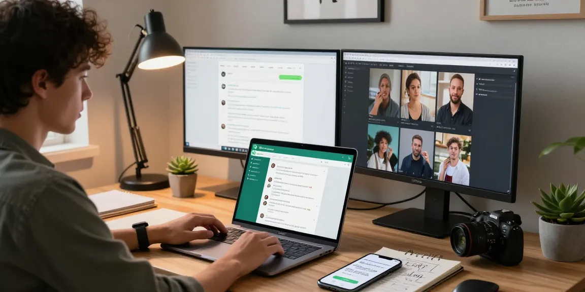 Person using WhatsApp電腦版 in a modern home office setup, showcasing productivity.