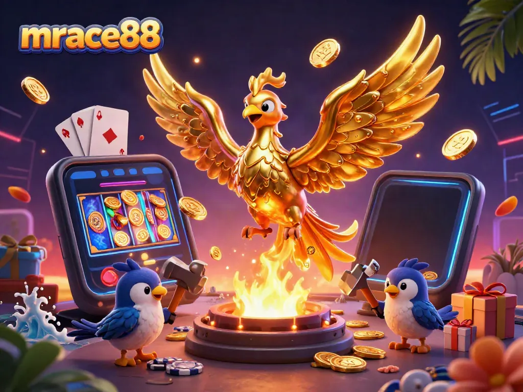 Experience thrilling games at mrace88, featuring a golden phoenix amid exciting casino action.