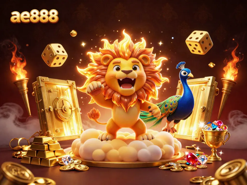 Experience the thrill of ae888 with a dynamic 3D scene featuring vibrant casino elements.