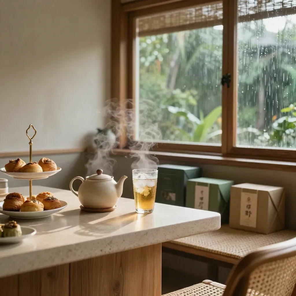 Lounge Tea House dengan teko seramik, teh ais berembun, pastri dan kotak hadiah teh.