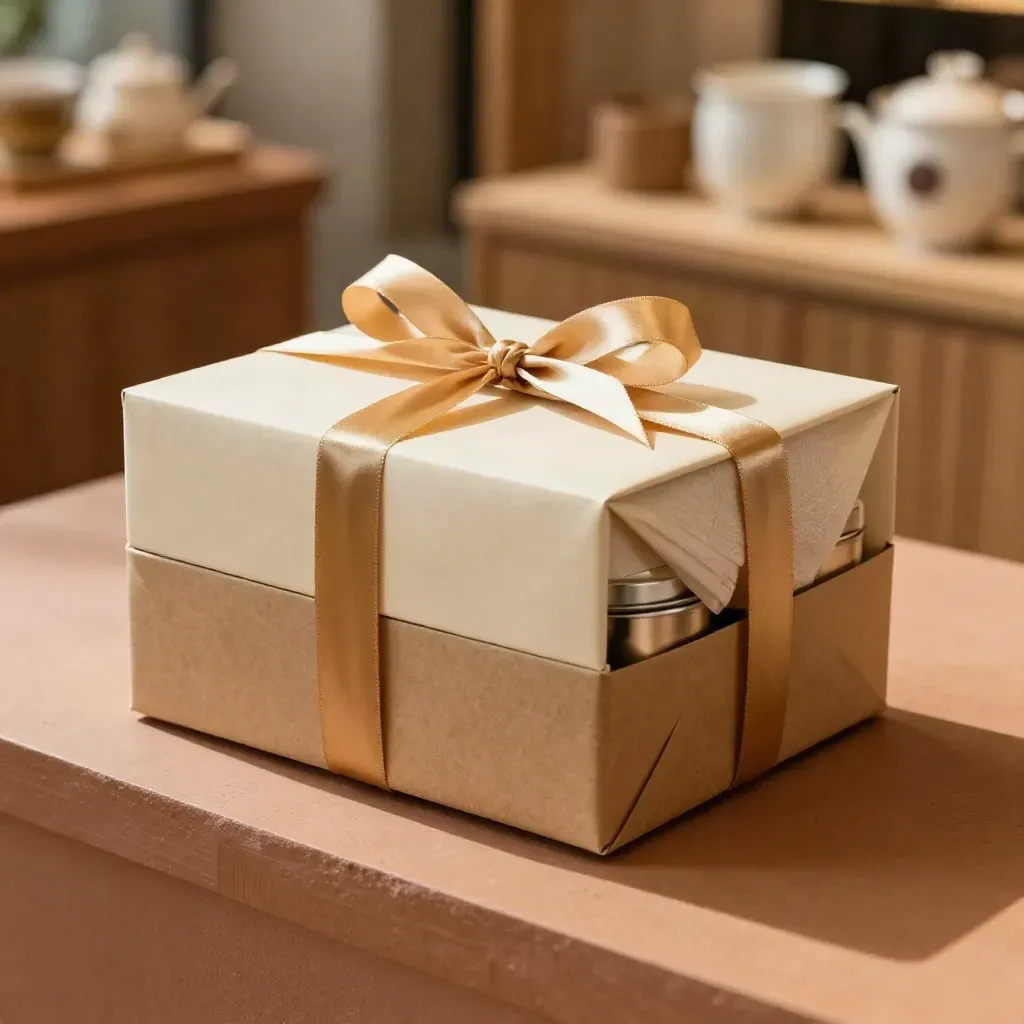 Set hadiah teh berbalut pita emas di atas plinth terracotta dalam lounge teh.