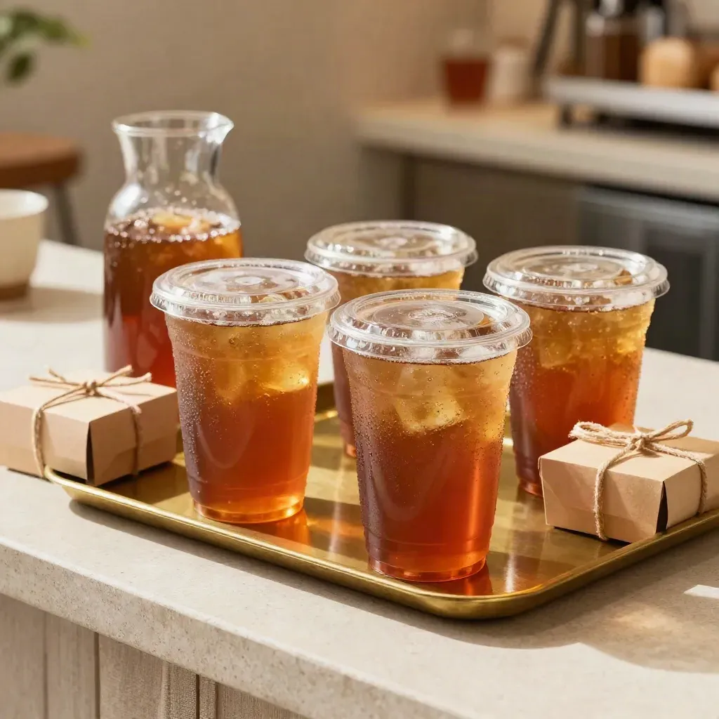 Cawan teh ais, kotak pastri dan jag kaca sejuk di kaunter bawa pulang.