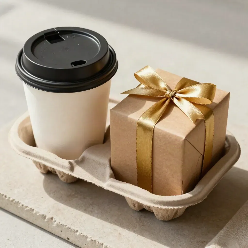 Set takeaway Tea House dan kot hadiah tersusun rapi di atas dulang batu.