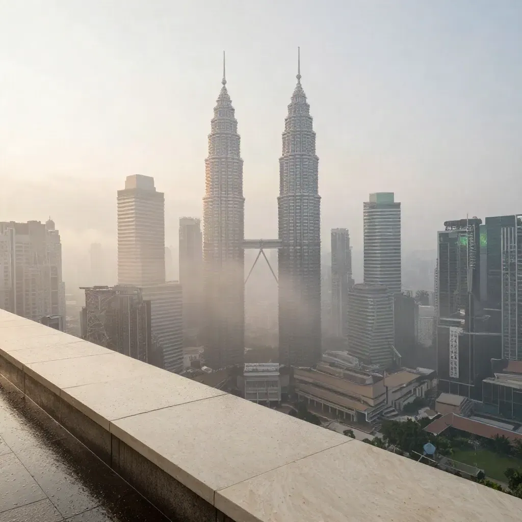 Menara berkembar KL muncul di atas kabus monsun waktu subuh, latar tenang untuk teks.