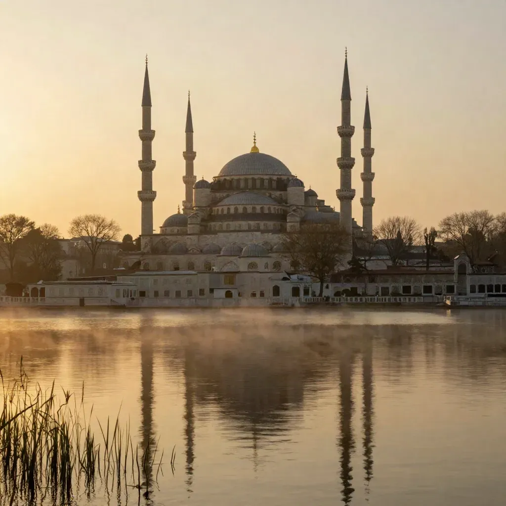 Kubah dan menara Masjid Biru Shah Alam terapung di atas kabus senja di tepi tasik.