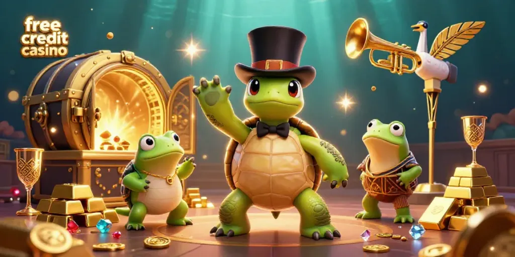 Experience the excitement of a free credit casino with this vibrant 3D scene featuring cartoon characters and sparkling treasures.