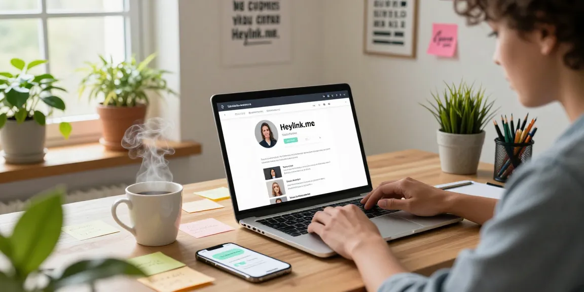 Membuat akun GEGESLOT di Heylink.me di ruang kerja yang kreatif dengan tanaman hijau.