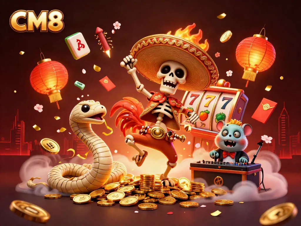 Experience the excitement of CM8 with a lively scene featuring casino elements and unique characters.