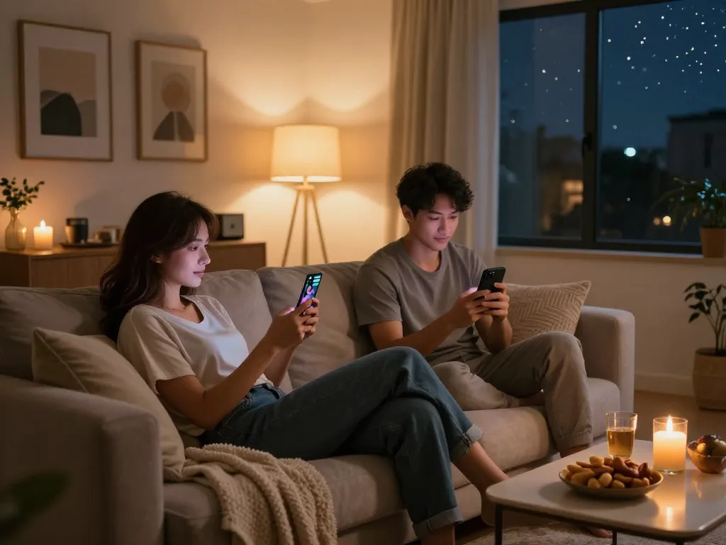 Engaging in ai sex chat with digital avatars in a cozy living room.