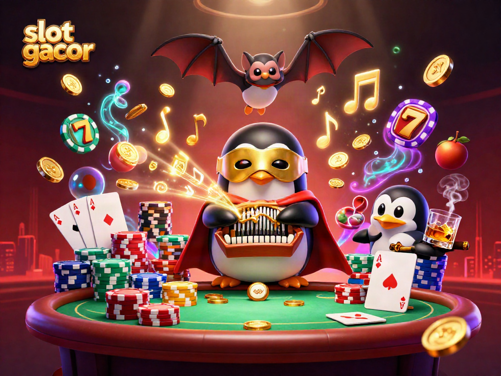 Experience slot gacor thrills with a vibrant 3D casino illustration featuring a penguin and bat acrobat.