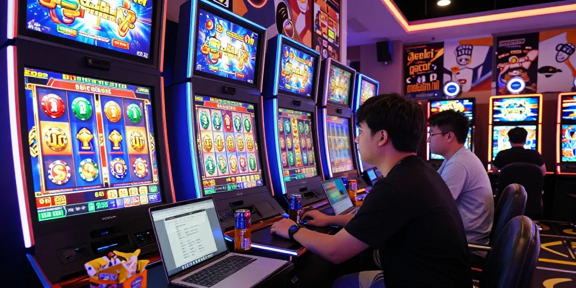 Engaged player spinning slot gacor malam ini at vibrant online casino setting, surrounded by neon lights and virtual elements.