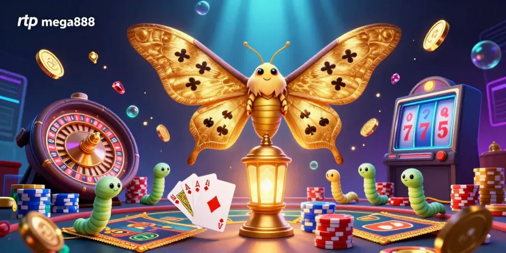 Experience thrilling gameplay with rtp mega888 in this vibrant casino scene featuring cards, coins, and lively characters.