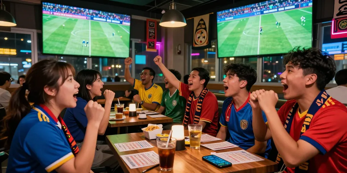Exciting scene of friends enjoying Football Betting Malaysia in a lively sports bar during a match.