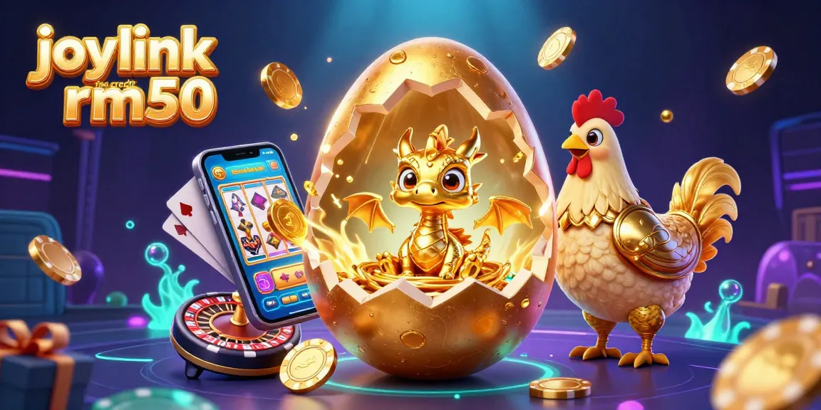 Joylink free credit rm50 showcases a magical scene of a golden dragon amidst vibrant casino elements, sparking excitement.