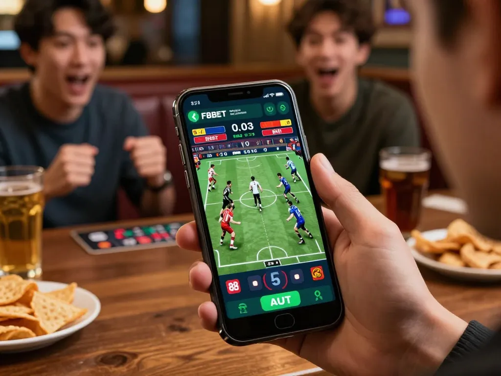 F8BET user engaging with live sports betting app at home bar, capturing excitement
