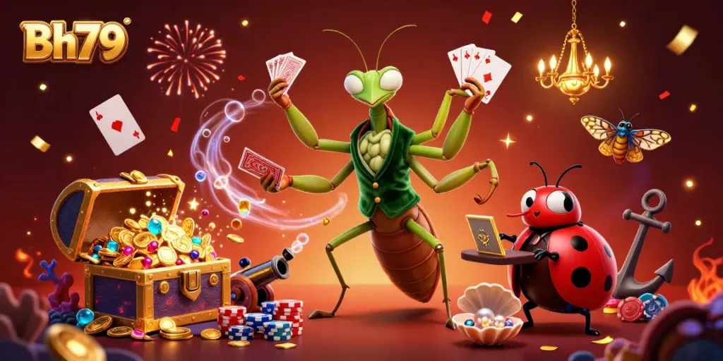 Experience the vibrant world of Bh79 casino with giant cartoon mantis and ladybug in a colorful, dynamic casino scene.