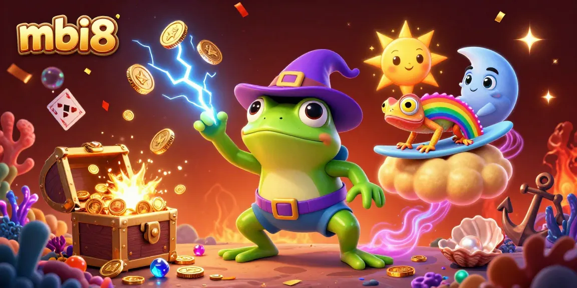 Join the exciting action at mbi8 as the wizard frog creates a golden coin storm amid vibrant casino elements.