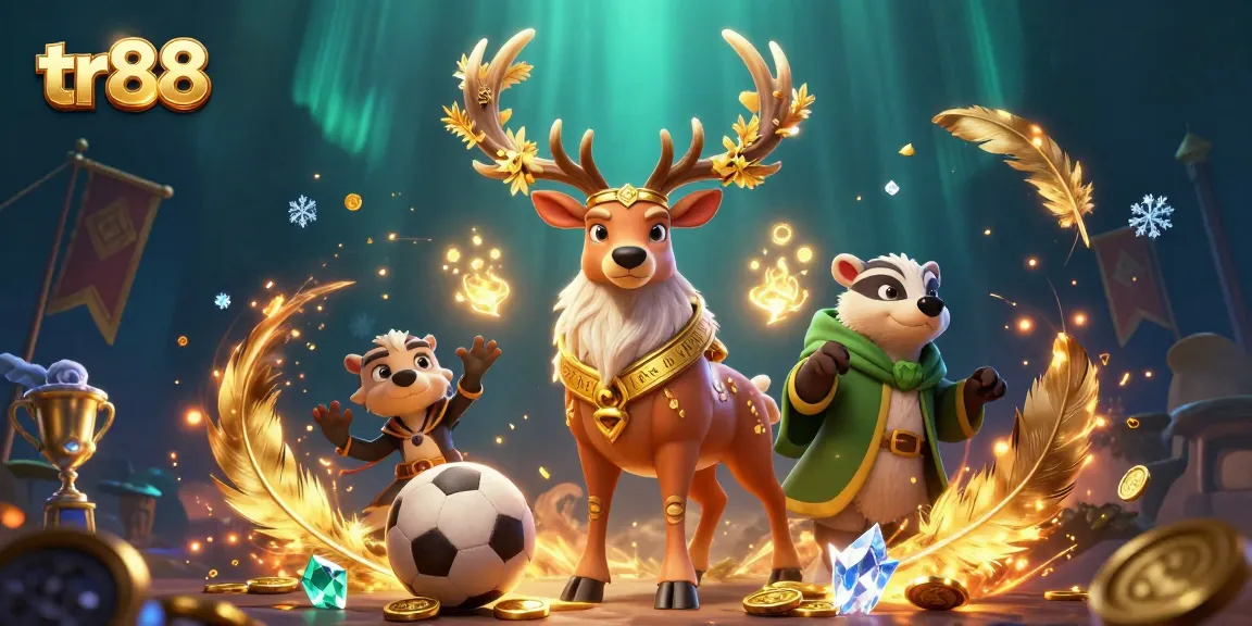 Engage in thrilling sports betting with tr88, featuring a vibrant 3D illustration of a Celtic stag, badger, and betting elements.
