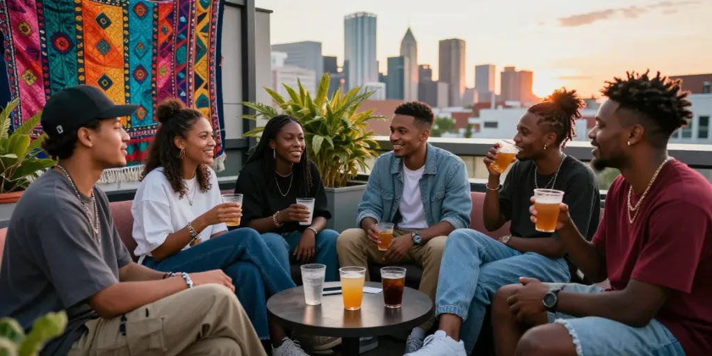 Group enjoying a sunset rooftop gathering in trendy rokok88 outfits, urban vibe.