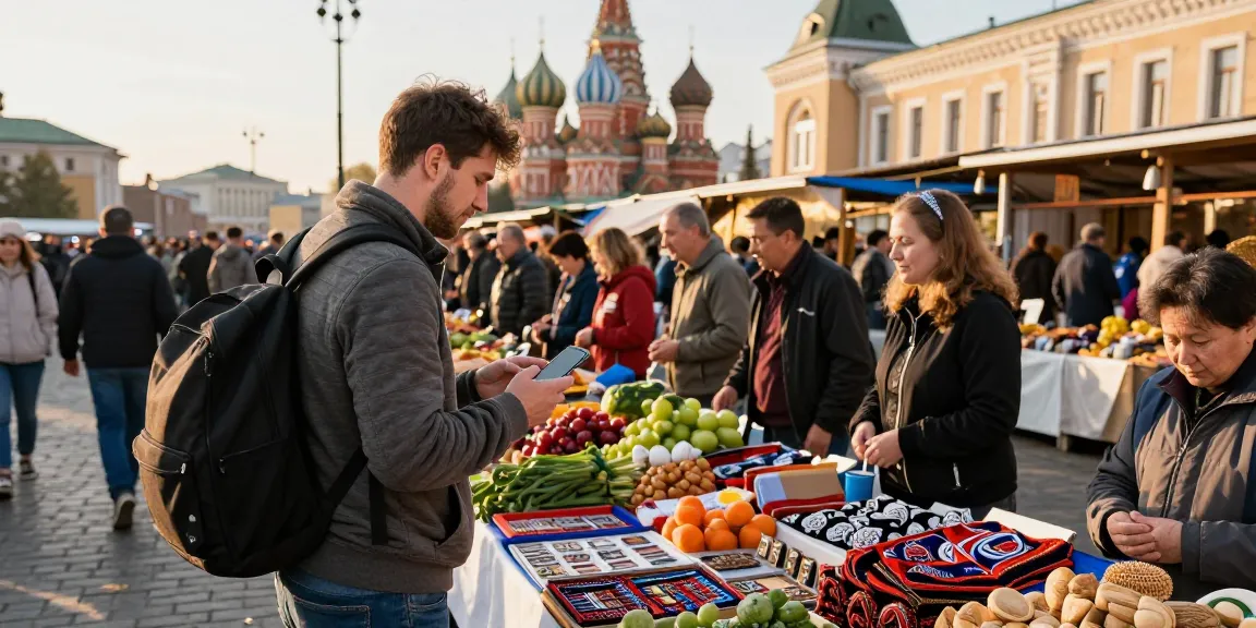 Pengunjung menggunakan https://payinrussia.com/ untuk membayar di pasar tempatan Rusia dengan suasana meriah.