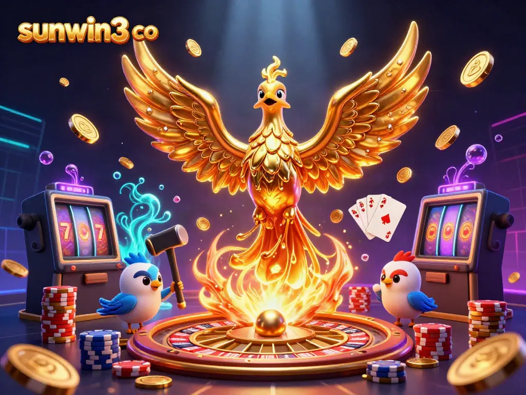Engage with sunwin3 co's vibrant casino scene, featuring a golden phoenix and dazzling game elements.
