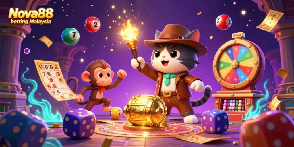 Engage in exciting activities with Nova88 betting Malaysia, featuring a cat archaeologist and vibrant casino elements.