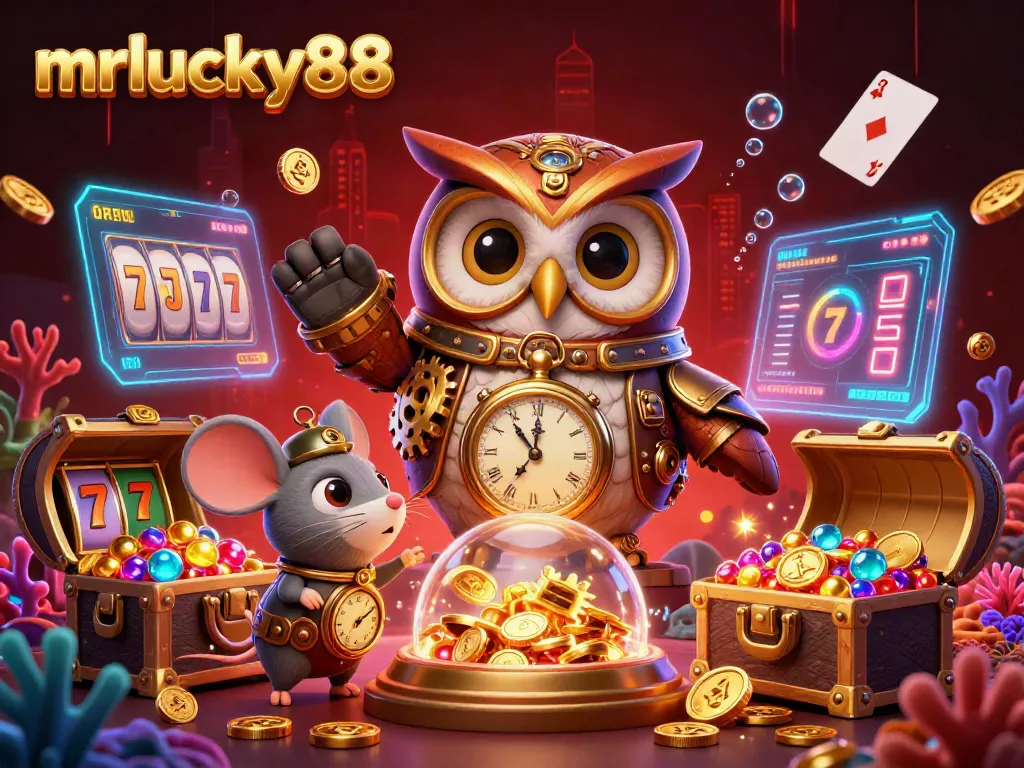 Experience thrilling wins at mrlucky88 with vibrant animated casino elements and a time-traveling owl.